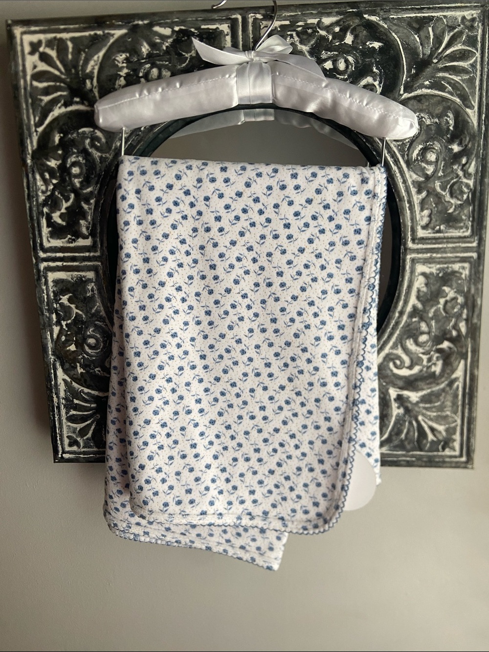 Edgehill Collection White Baby Blanket with Blue Floral Print